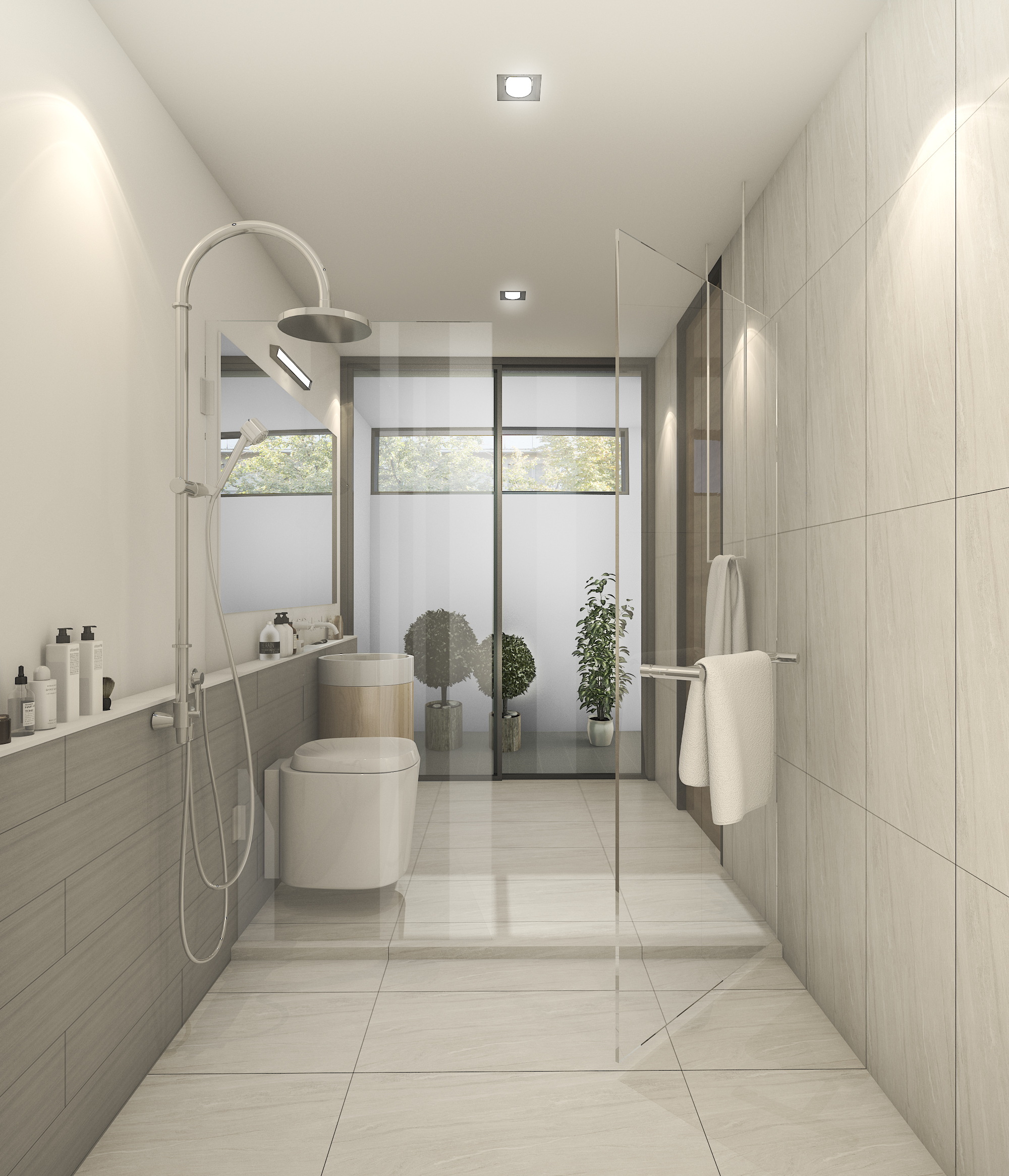 Wet room with floor-to-ceiling tiling